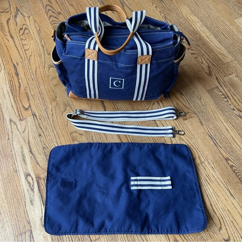 Pottery Barn Classic Diaper Bag with Leather Handles and Trim Monogram C Navy